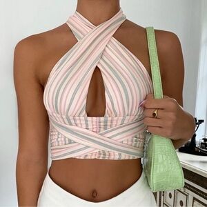 Tiger Mist Carmen Halter Tie Top